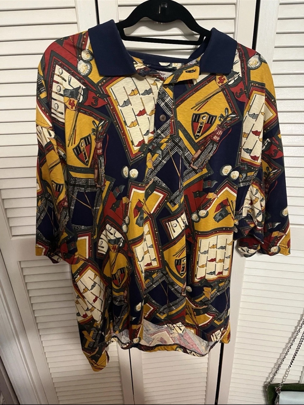 Vintage 90’s Men's Golf Patterned Polo Shirt - Navy, White, Mustard & Red